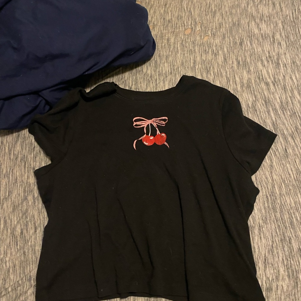Black Crop Top with Red Cherry Embroidery